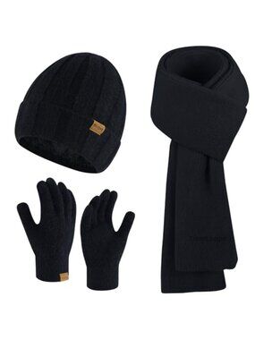 3 Piece Knit Beanie Scarf Touchscreen Gloves Set Acrylic Fleece Lined Winter